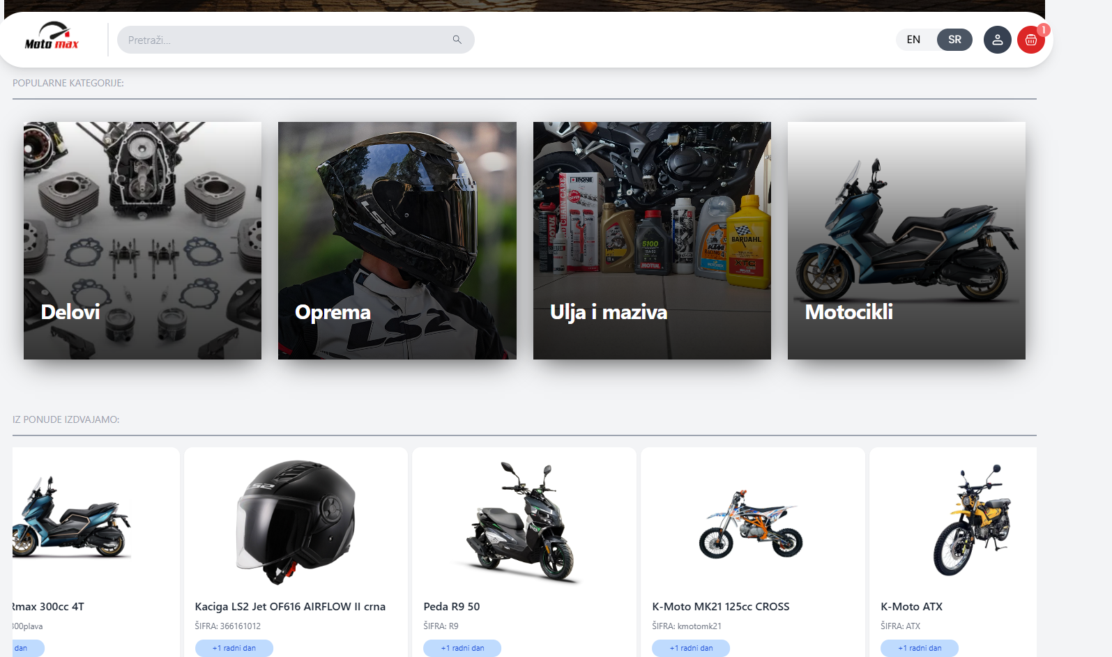Screenshot of the Motomax Web Shop motorcycle gear e-commerce storefront